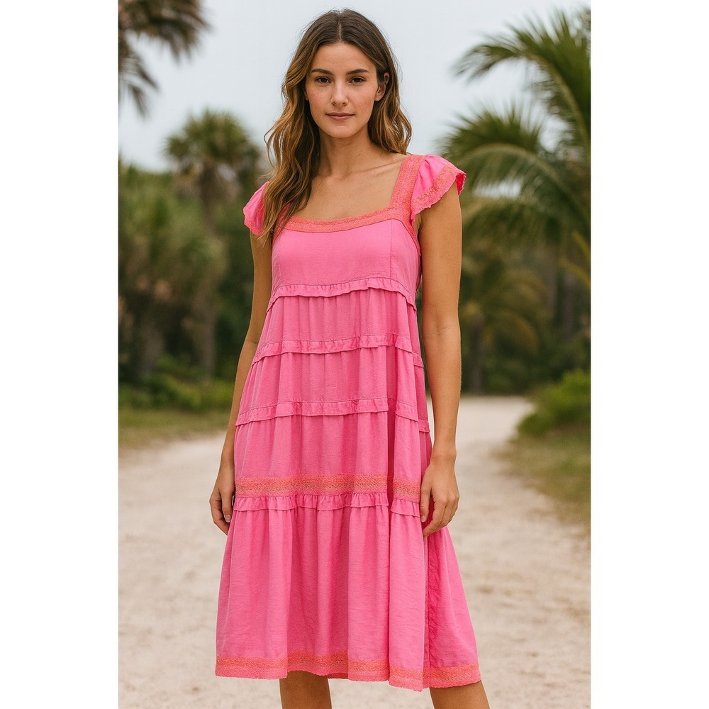 J. Marie NEW Calli Pink Orange Embroidered Tiered Midi Sun Dress SZ XL Coquette - Picture 1 of 13